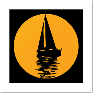 Sunset Over The Sea with a Sail Boat Posters and Art